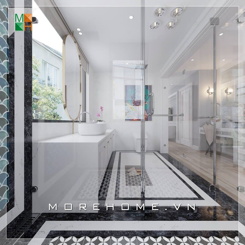 Mẫu thiết kế nội thất phòng tắm hiện đại sử dụng tone màu trắng chủ đạo thể hiện nét sang trọng tinh tế cho không gian nhà phố, biệt thự, chung cư.