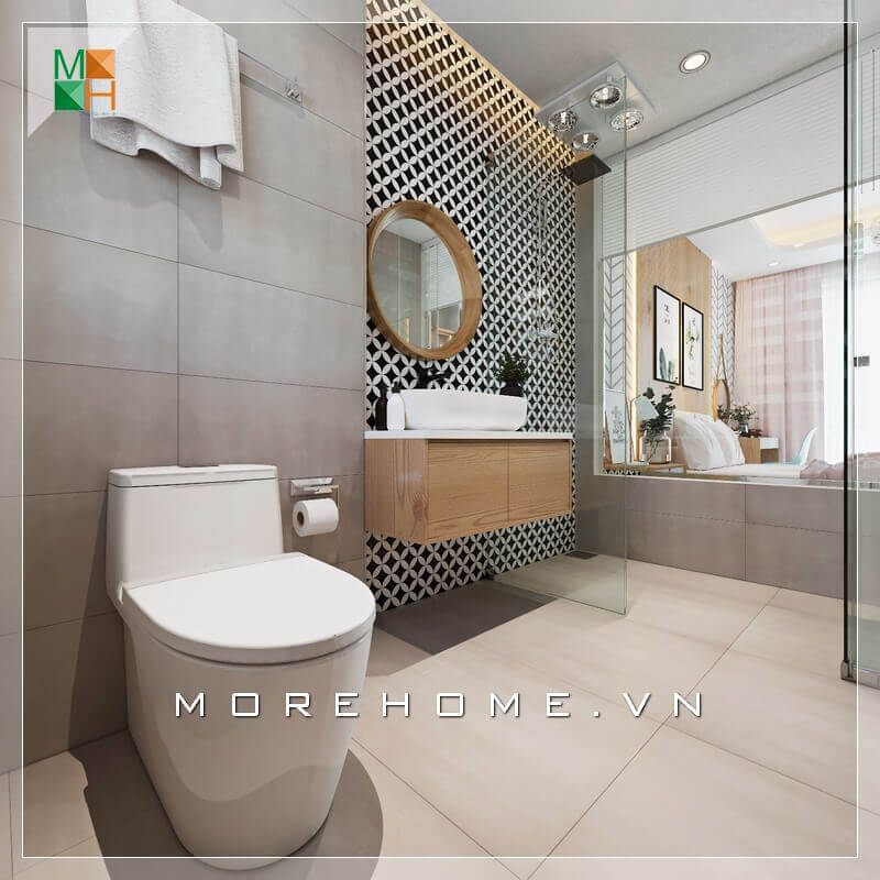 Mẫu gạch ốp tường phòng tắm ấn tượng với họa tiết độc đáo thể hiện sự sáng tạo trong thiết kế.