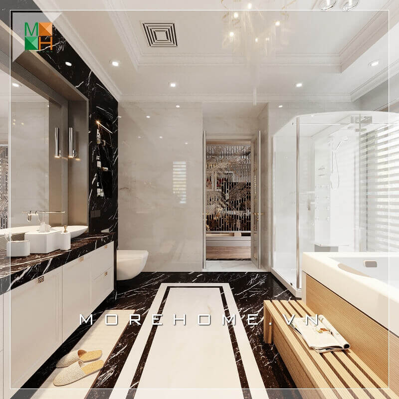 Thiết kế nội thất phòng tắm biệt thự, nhà phố sáng tạo, sử dụng gạch ốp tường và gạch lát sàn màu sắc hài hòa tạo nên một không gian phòng tắm cảm giác thêm rộng và sang trọng.