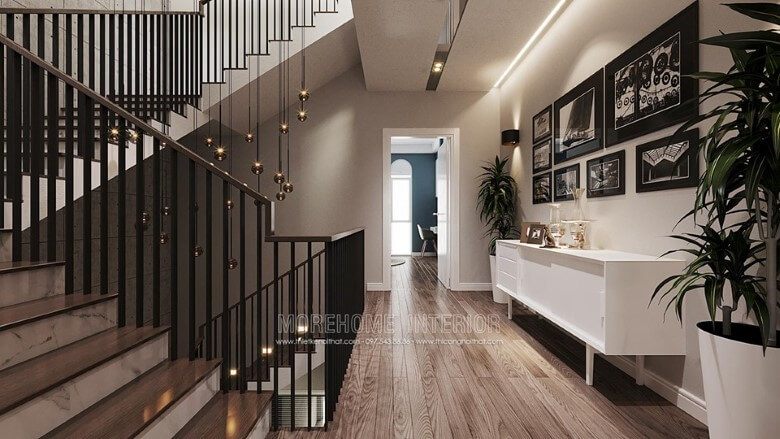 Trang trí hành lang nhà đẹp với kệ gỗ decor hiện đại đẹp màu trắng