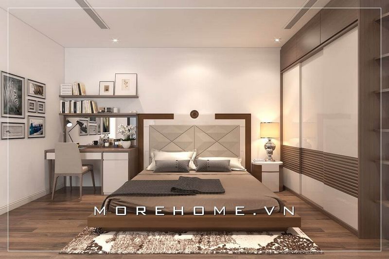 Mẫu tủ áo hiện đại với chất liệu gỗ công nghiệp, đồng bộ với toàn bộ nội thất trong căn phòng tạo nên sự liền mạch, sang trọng mà không kém phần tiện nghi cho gia chủ